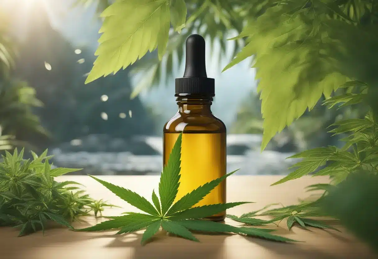 A bottle of CBD oil surrounded by various natural elements like hemp leaves, flowers, and a dropper. The background could include images of calm and relaxation, such as a serene landscape or a peaceful setting