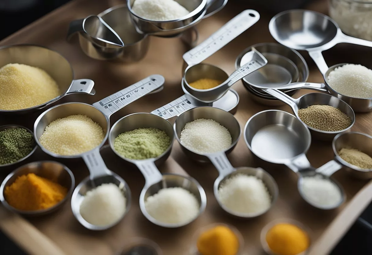 Various measuring cups and spoons arranged on a kitchen counter, with labeled portion sizes for ingredients