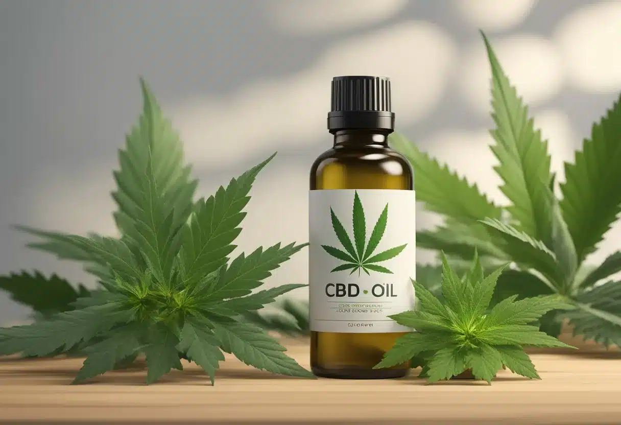 A bottle of CBD oil sits on a natural wooden surface, surrounded by green leaves and flowers. A soft light illuminates the scene, highlighting the benefits of CBD oil