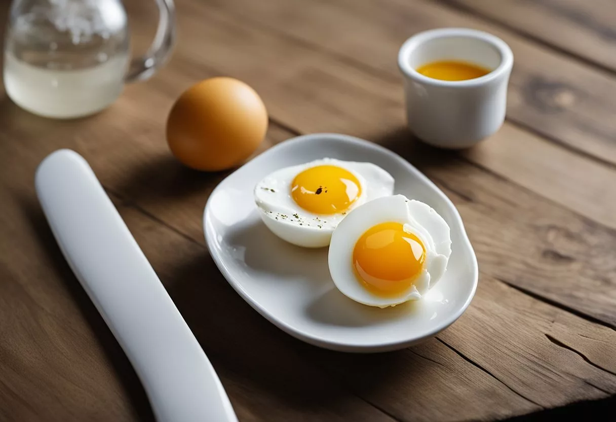A cracked egg with a clear, viscous white and a round, yellow yolk sitting in a white dish on a wooden table