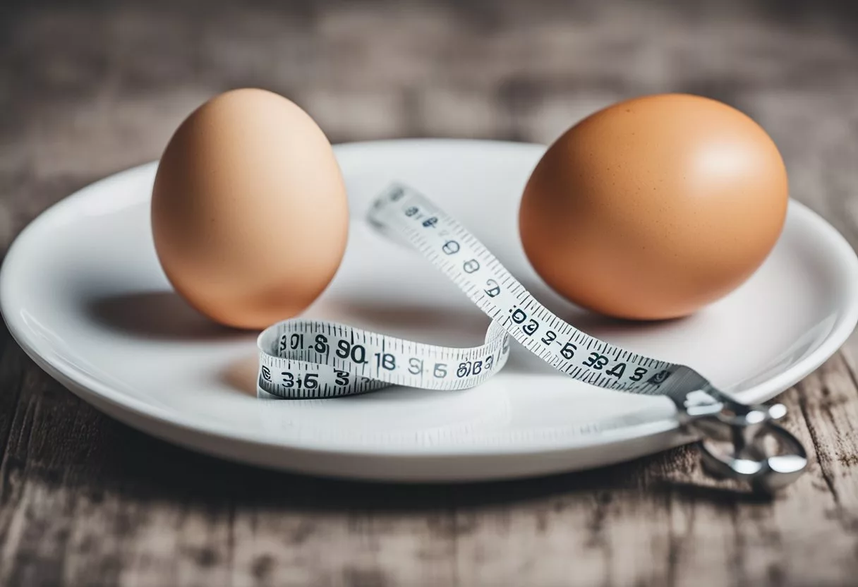 A fresh egg sits on a white plate next to a measuring scale displaying the amount of protein in grams