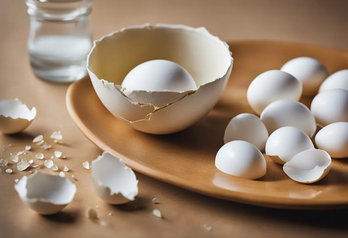 A cracked eggshell next to a measuring cup showing the amount of protein in an egg