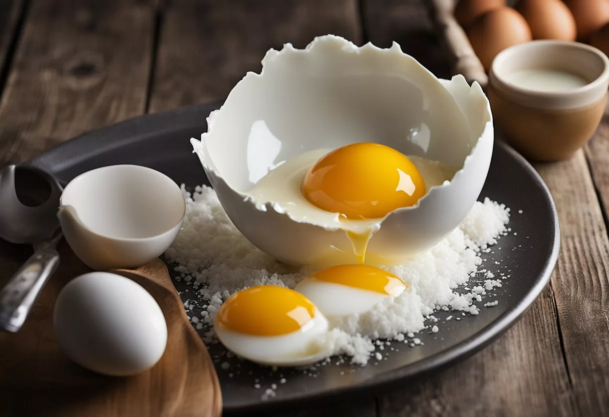 A cracked egg with a yolk and egg white spilling out, surrounded by a measuring cup showing the amount of protein in grams