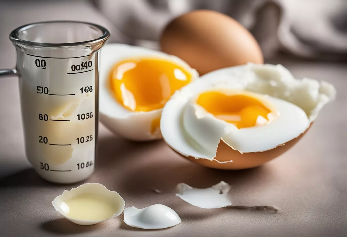 A cracked eggshell lies next to a measuring cup showing the amount of protein in an egg. A nutrition label highlights egg consumption guidelines