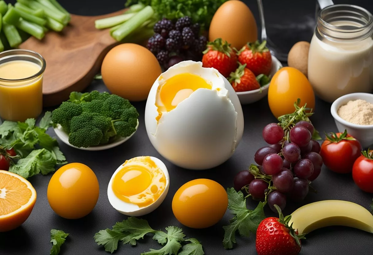 A cracked egg with yolk and white, surrounded by a variety of fruits and vegetables, with a measuring cup of protein powder nearby