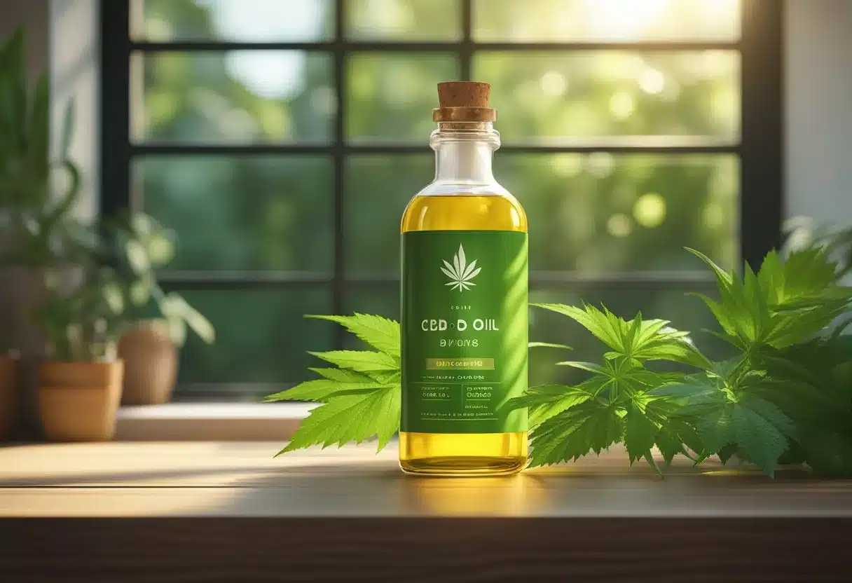 A bottle of CBD oil sits on a wooden table surrounded by lush green plants, with rays of sunlight streaming in through a nearby window