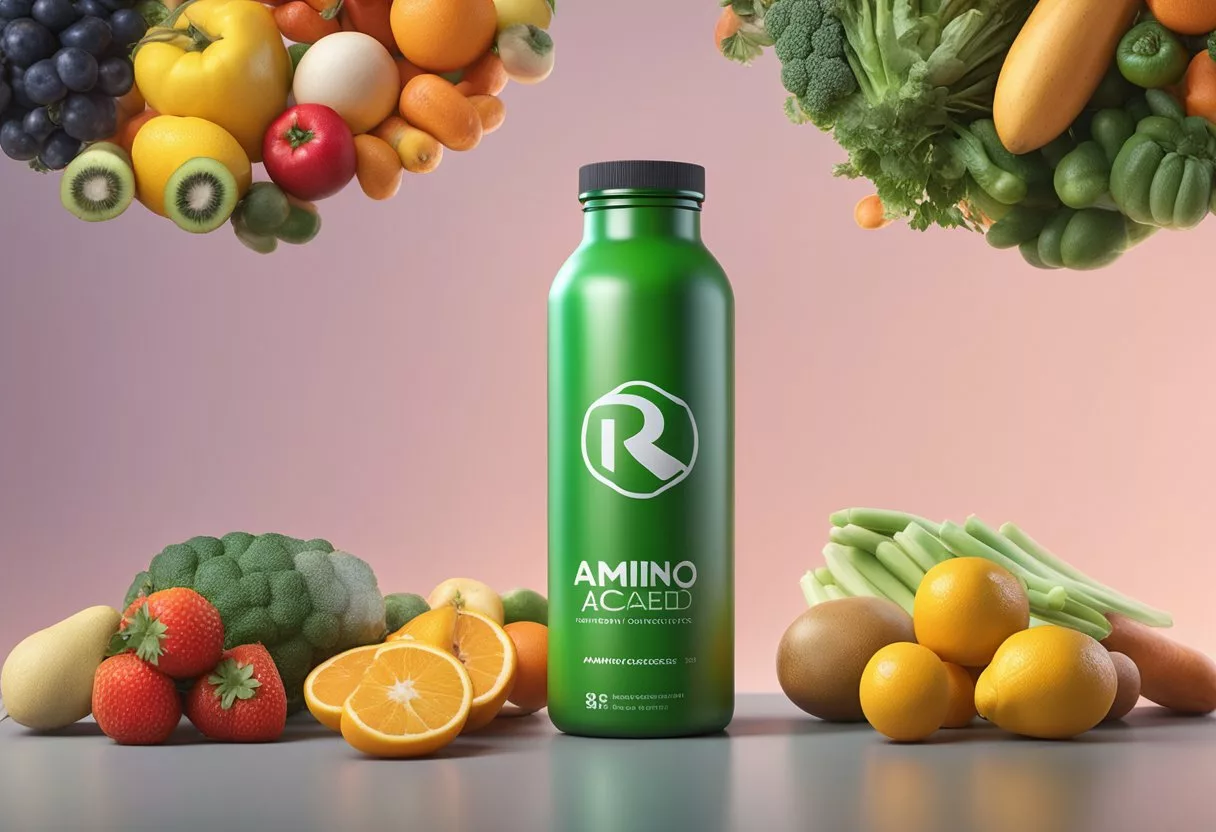 A bottle of amino acid supplements surrounded by fruits and vegetables, with a scale showing pros on one side and cons on the other