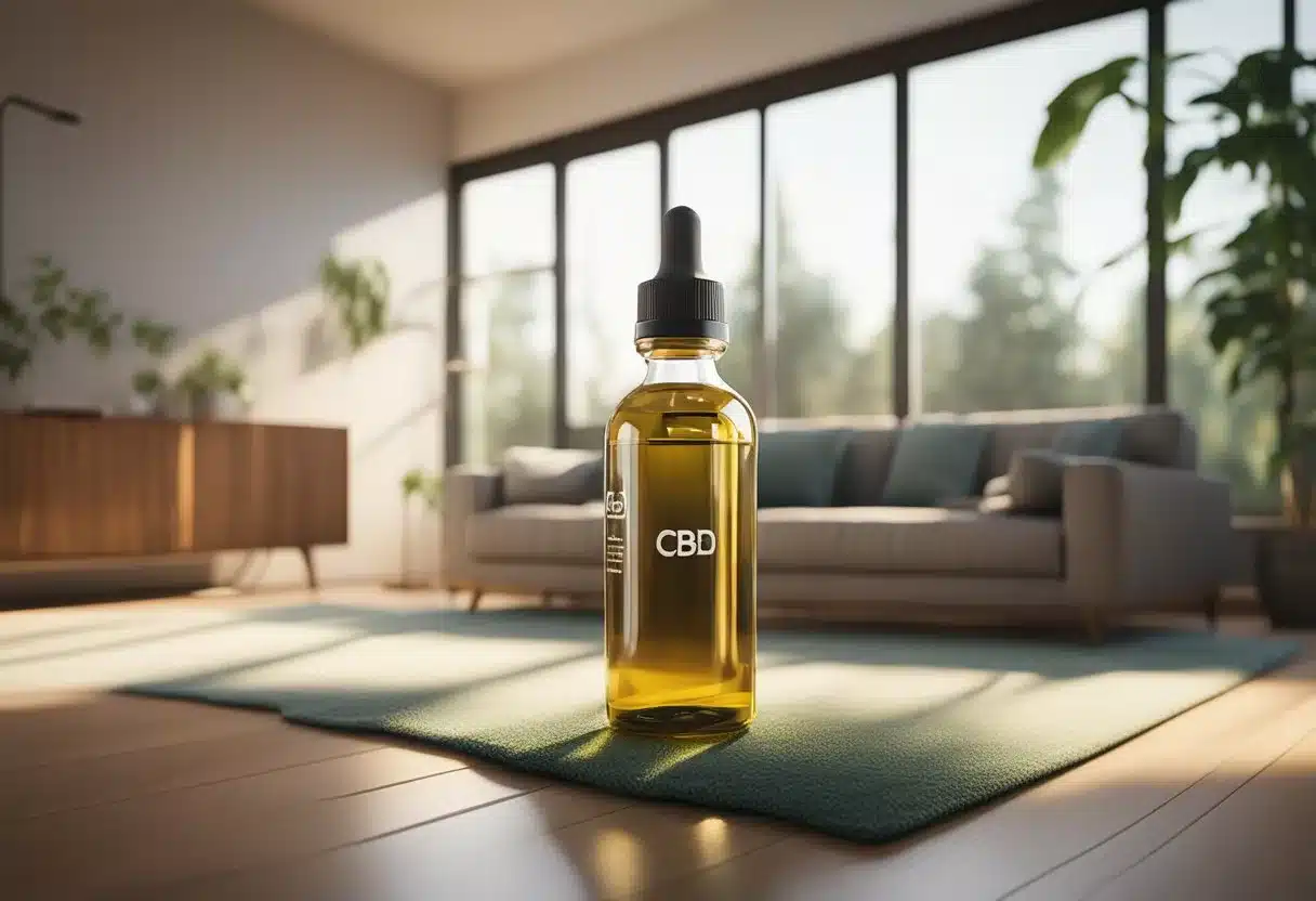 A serene, modern living room with a bottle of CBD oil on a clean, minimalist table. Sunlight streams in through a window, casting a warm glow on the surroundings