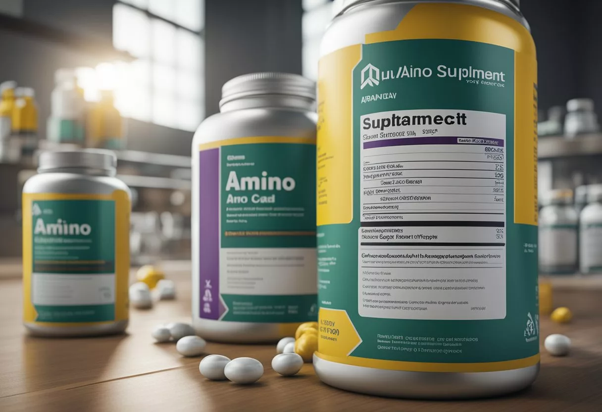 Amino acid supplements displayed with caution sign. Benefits and risks listed nearby. Use wisely