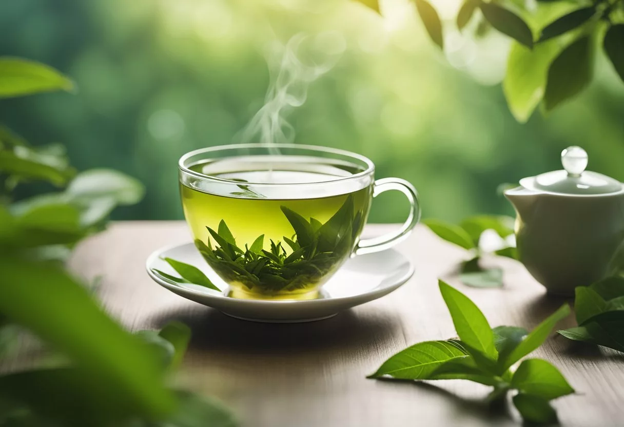 A steaming cup of green tea surrounded by fresh tea leaves, with a backdrop of a serene and natural setting