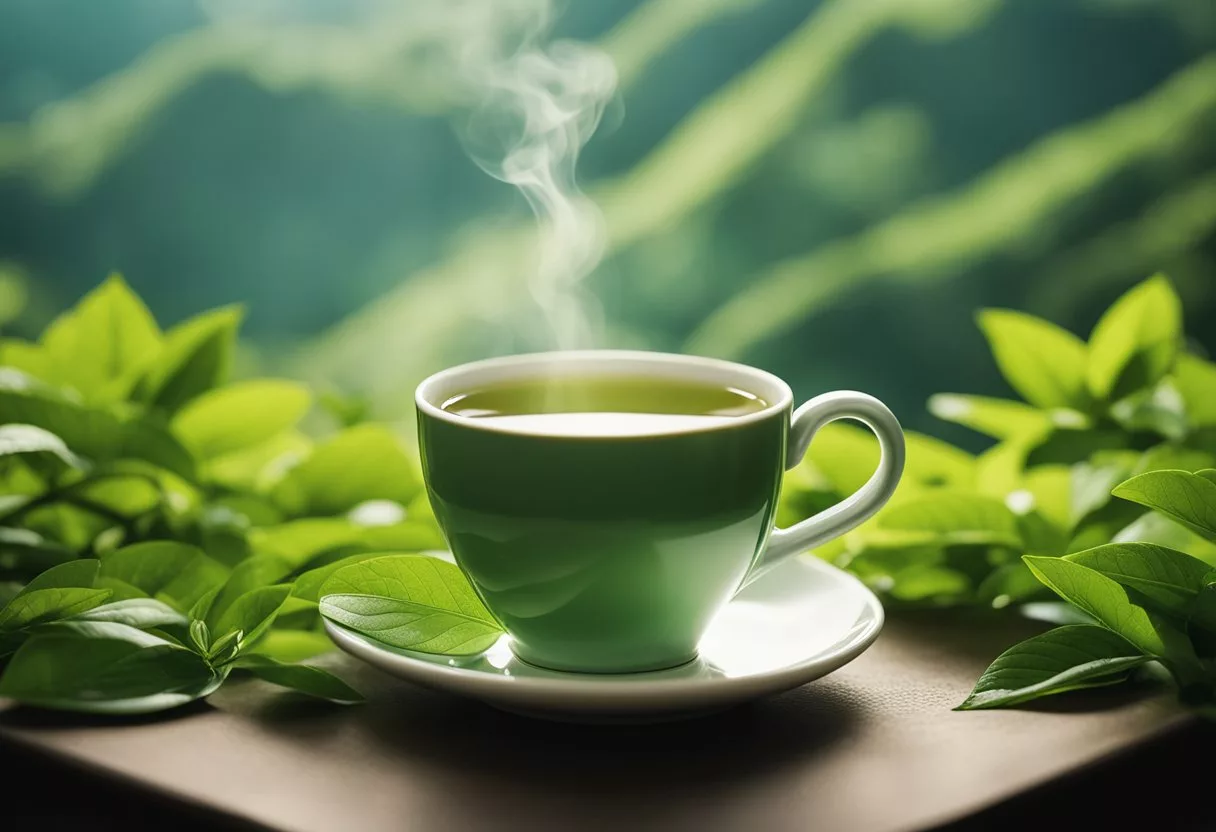 A steaming cup of green tea surrounded by fresh tea leaves and a backdrop of lush greenery