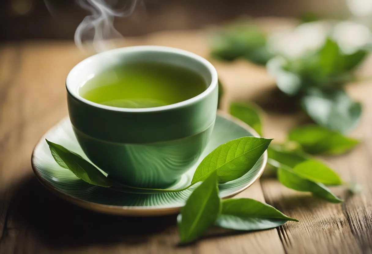 A steaming cup of green tea surrounded by fresh tea leaves and a serene natural setting