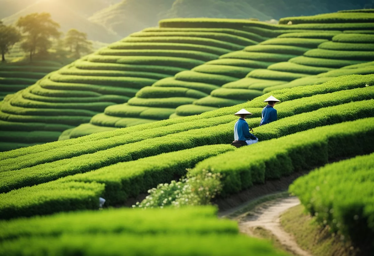 A serene tea plantation with lush green fields, traditional Japanese tea houses, and people peacefully harvesting and processing green tea leaves