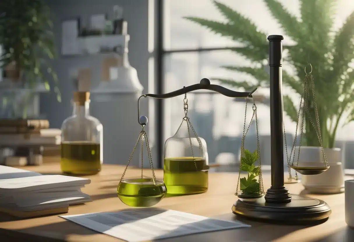 A scale weighing CBD oil bottles, surrounded by legal documents and regulatory guidelines