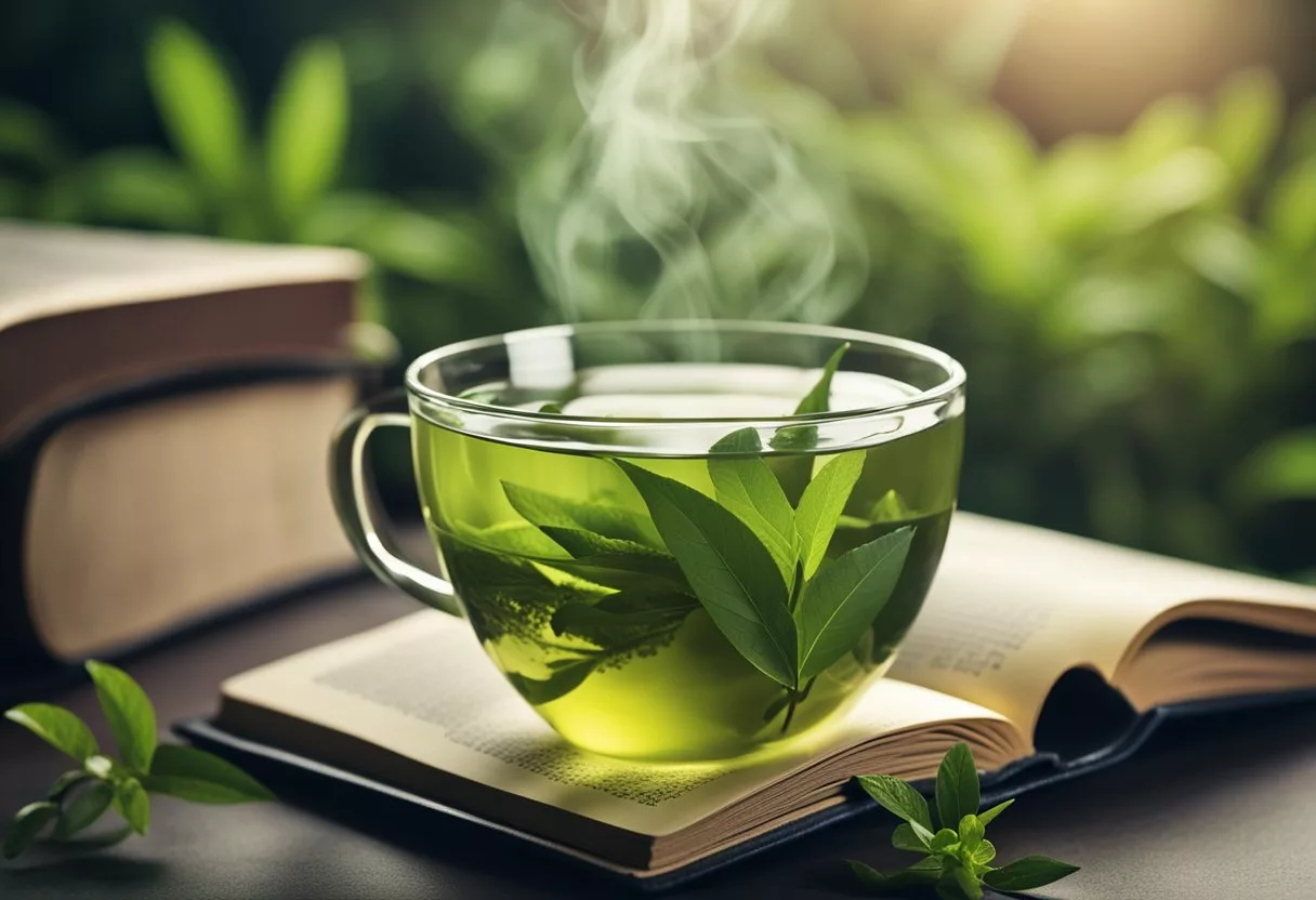 A steaming cup of green tea surrounded by fresh tea leaves, with a book on the side