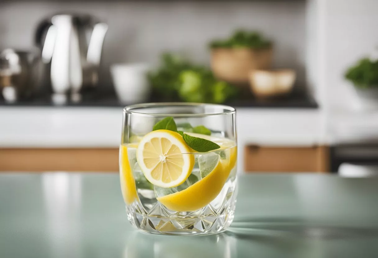 A clear glass of water with lemon slices and a bowl of fresh fruits on a table in a bright, airy kitchen