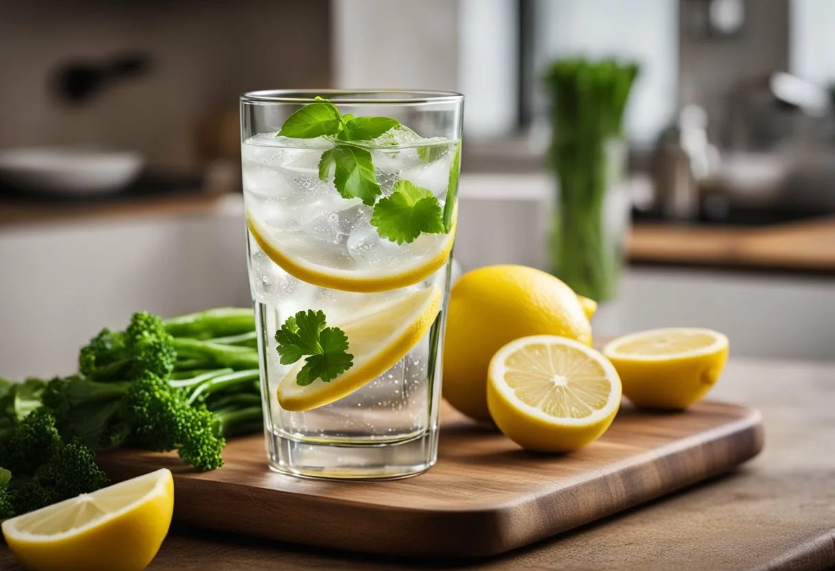 A clear glass of water with lemon slices and a bunch of fresh green vegetables on a wooden cutting board