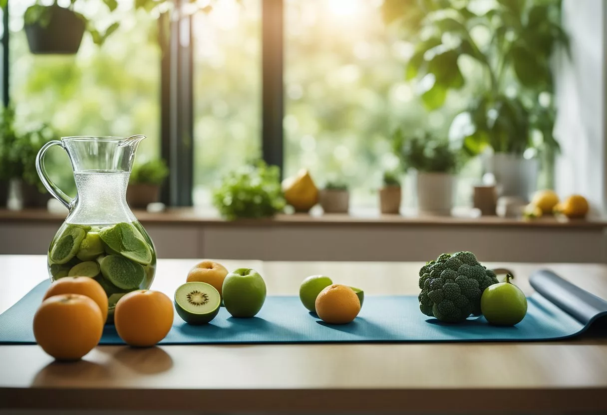 A serene, clutter-free environment with a water pitcher, fruits, vegetables, and a yoga mat, symbolizing a healthy lifestyle and detoxification