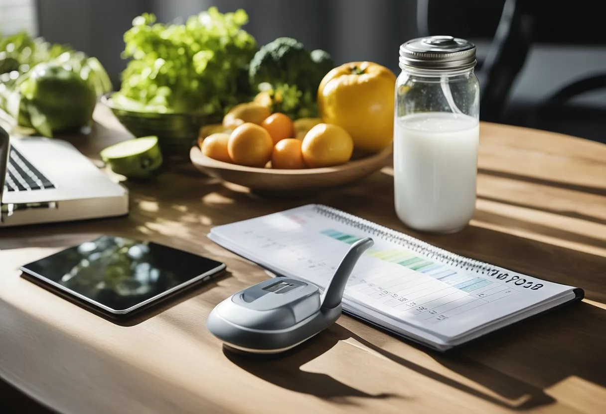 A person tracking their detox progress with a calendar, water bottle, and healthy food. A maintenance plan includes exercise equipment and a journal
