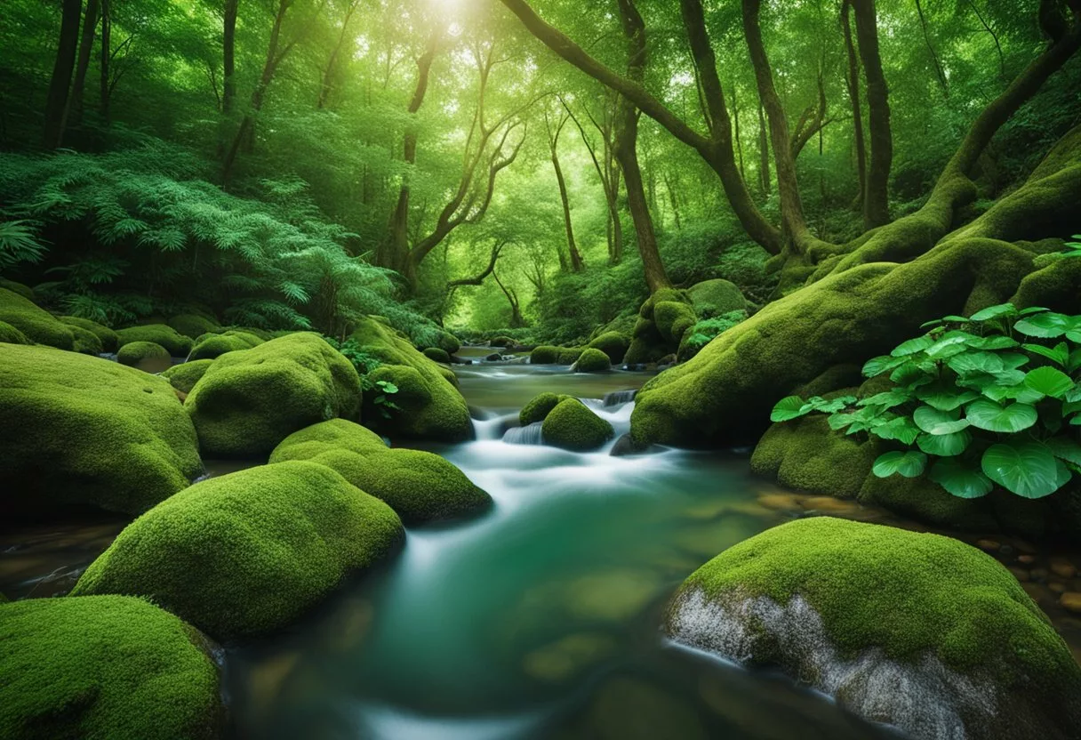 A clear stream flows through a lush forest, surrounded by vibrant green plants and trees. The water is pure and untouched, symbolizing the avoidance of toxins and the body's natural detoxification process