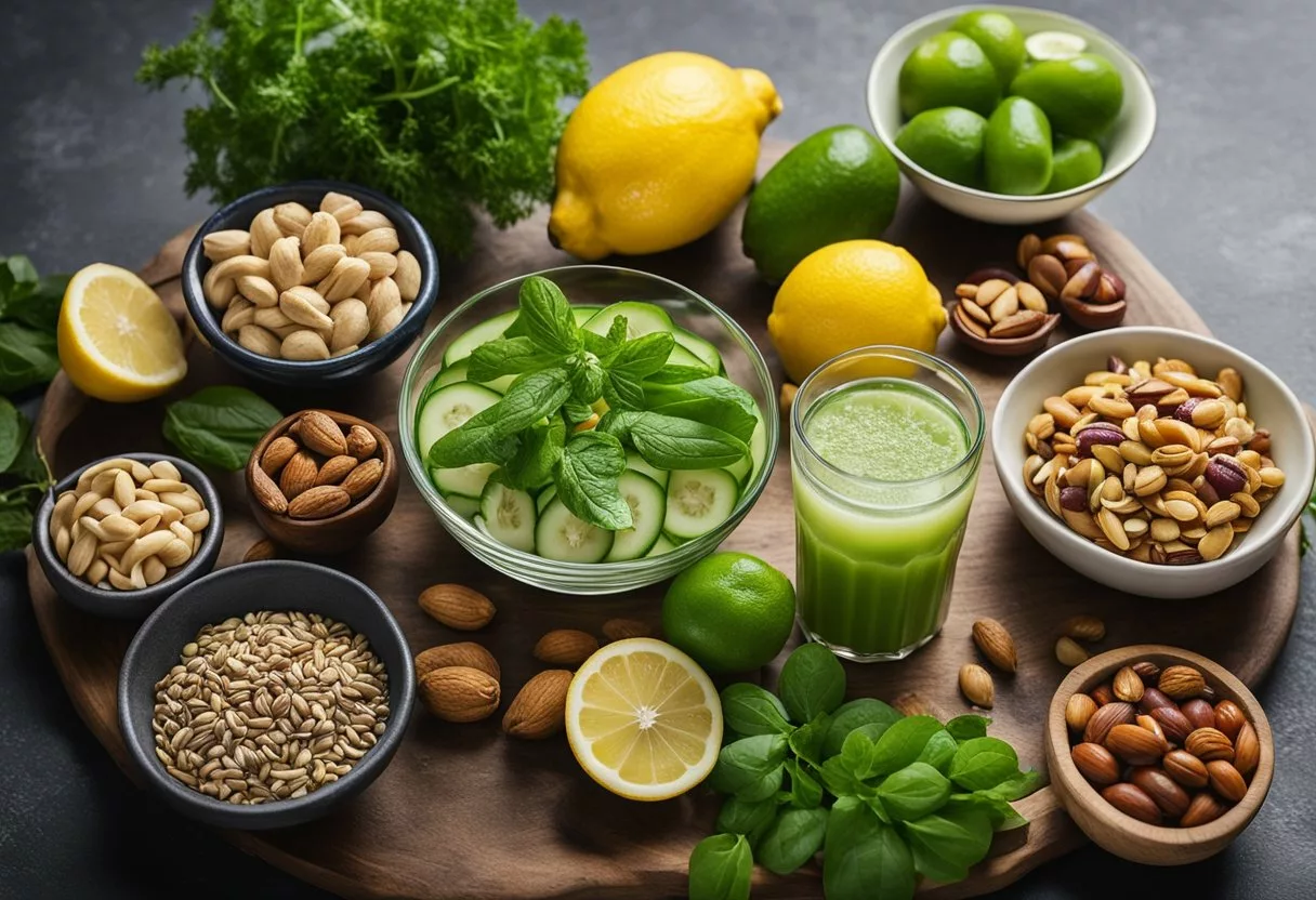 Various fruits, vegetables, and herbs arranged on a table. A glass of water with lemon slices. A bottle of green juice. A bowl of mixed nuts and seeds. A plate of colorful salads