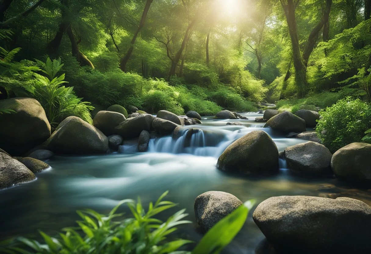 A serene setting with natural elements, such as a flowing river, lush greenery, and clear skies, symbolizing the cleansing and renewal process of detox programs