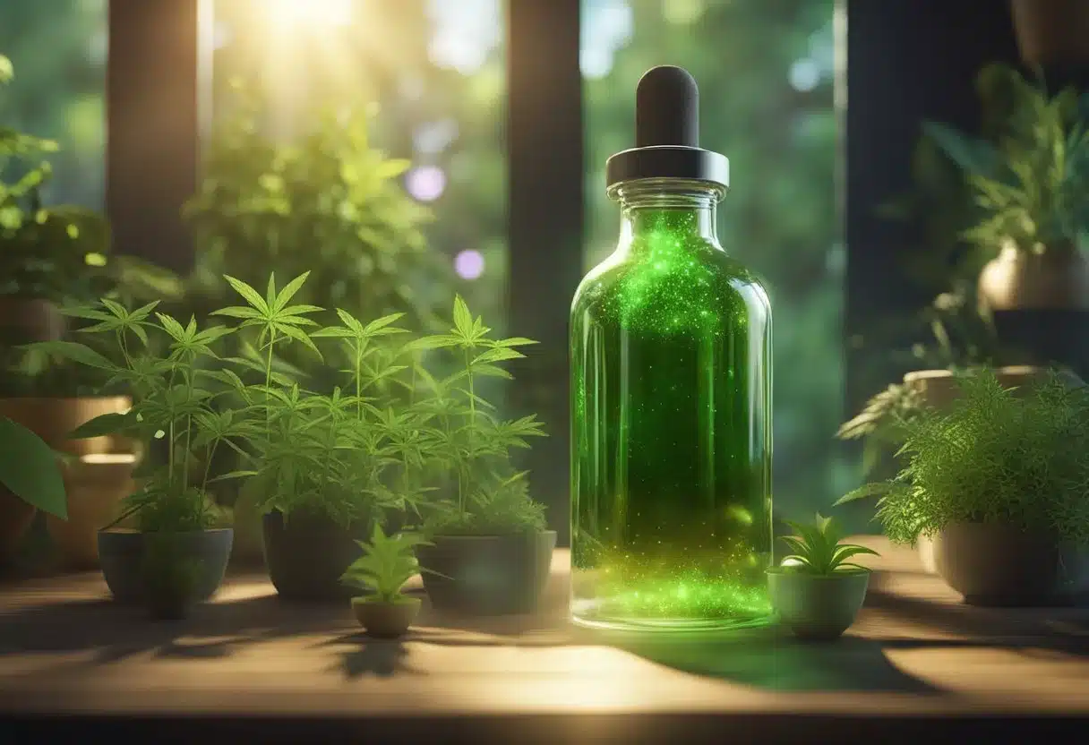 A bottle of CBD oil surrounded by various plants and herbs, with a glowing aura emanating from it, symbolizing its health benefits