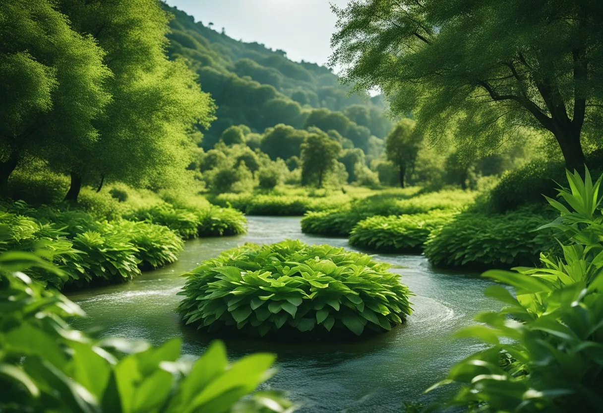 A lush green landscape with flowing rivers and clean air, surrounded by vibrant plants and trees, symbolizing the body's natural detoxification pathways