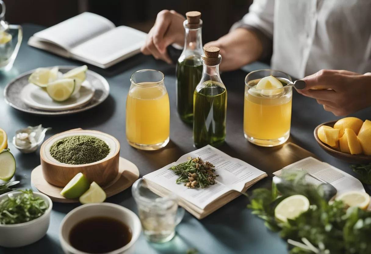A table with detoxifying foods and drinks, surrounded by bottles of water and herbal teas. A person reading a pamphlet titled "Frequently Asked Questions: How to Detox Your Body."