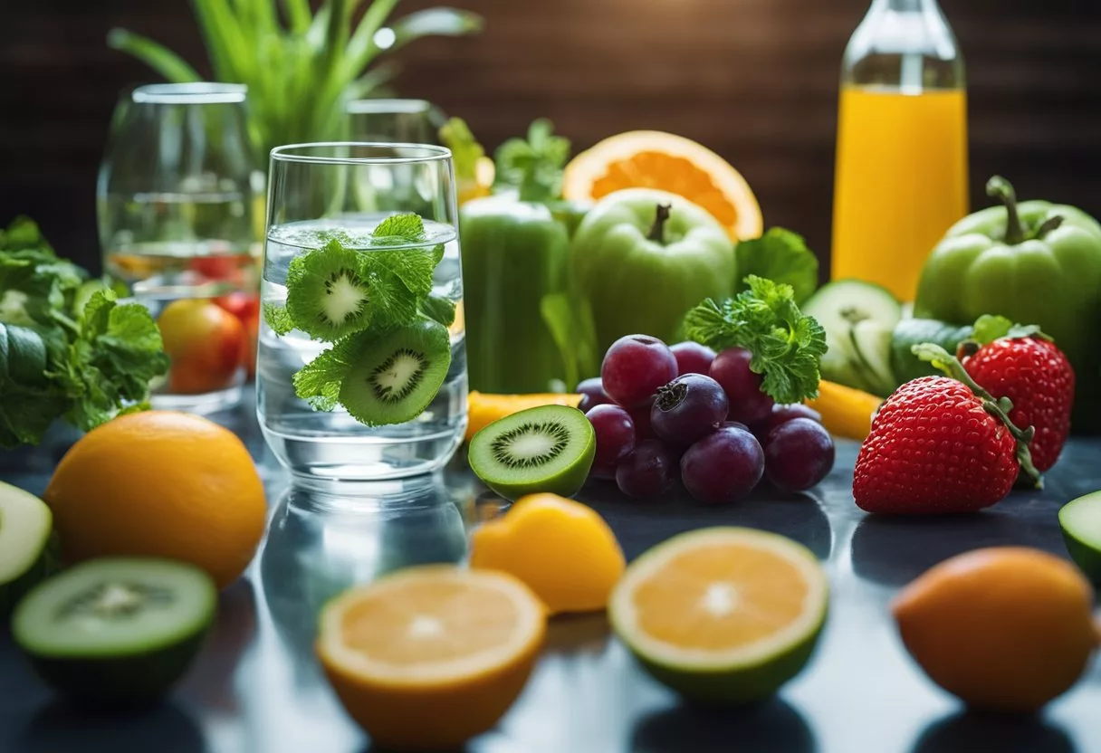 A clear glass of water surrounded by colorful fruits and vegetables, with vitamin bottles nearby