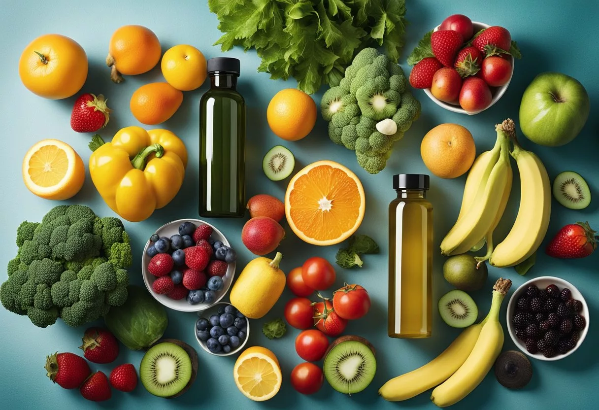 A table with various fruits, vegetables, and supplement bottles, surrounded by a glowing aura, symbolizing the best dietary choices for body detox