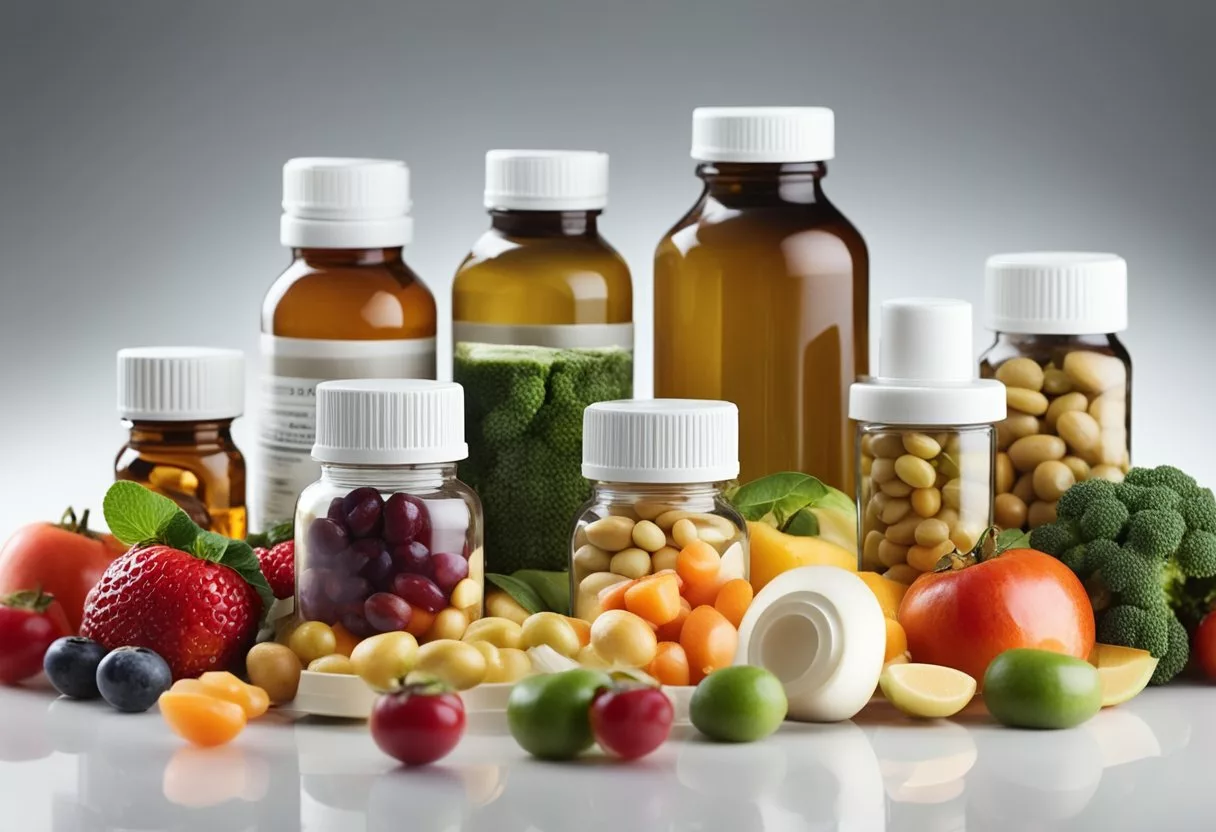 Various vitamins and supplements arranged on a clean, white surface with fresh fruits and vegetables in the background