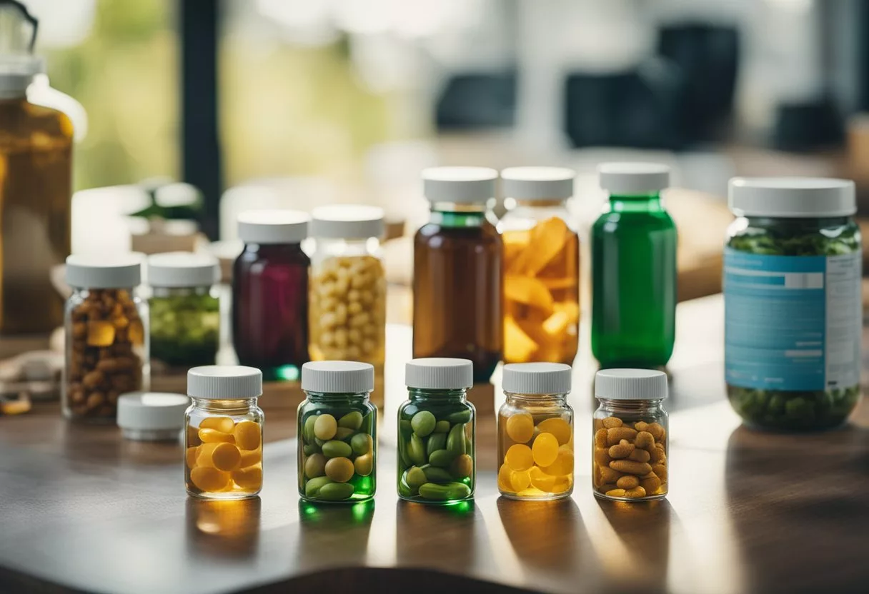 A table with various bottles of vitamins and supplements, alongside a list of frequently asked questions about body detox