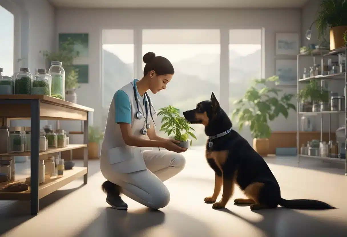 A veterinarian administers CBD oil to a calm dog, surrounded by medical equipment and a peaceful, natural setting