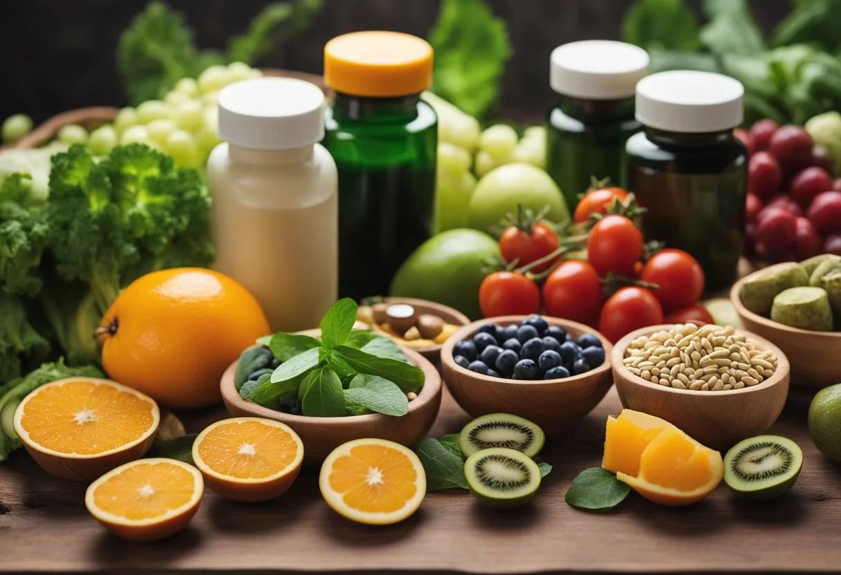 A table with various bottles of vitamins and supplements for body detox, surrounded by fresh fruits and vegetables