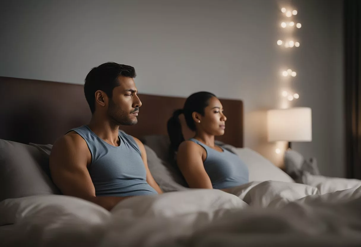 Two individuals engaging in deep breathing and muscle relaxation exercises in a calming, dimly lit bedroom setting