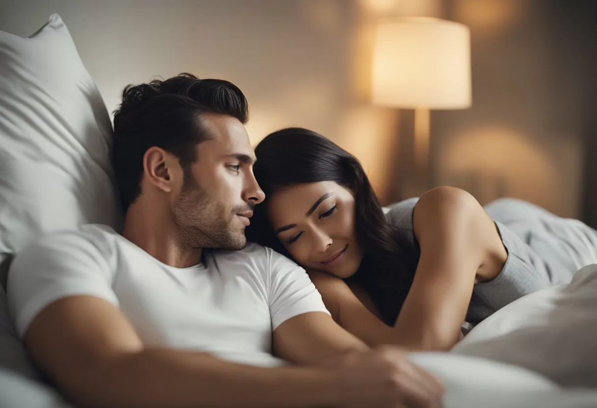 A couple lying in bed, engaged in intimate activity, with a focus on body language and positioning to convey the idea of practicing sexual techniques to last longer