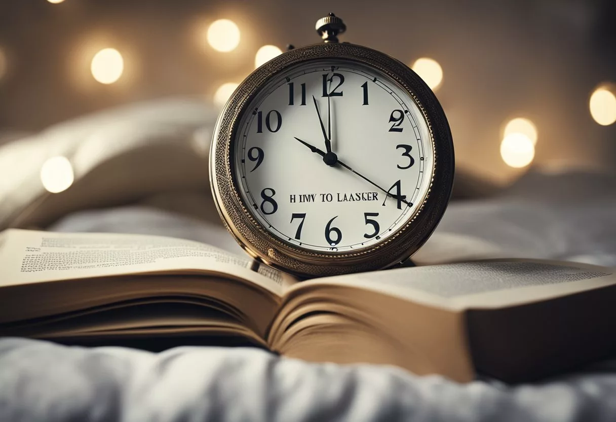 A clock with extended hands, a bed with rumpled sheets, and a book with the title "How to Last Longer in Bed" prominently displayed