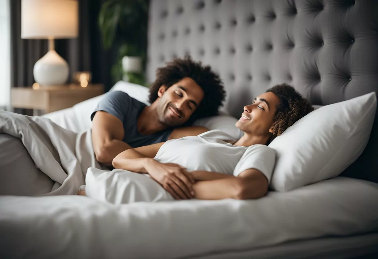 A couple lying in bed, surrounded by calming and romantic ambiance, with a focus on intimacy and connection