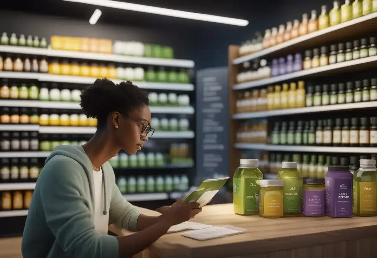 A person researching CBD oil benefits while reading product labels and comparing prices at a health food store
