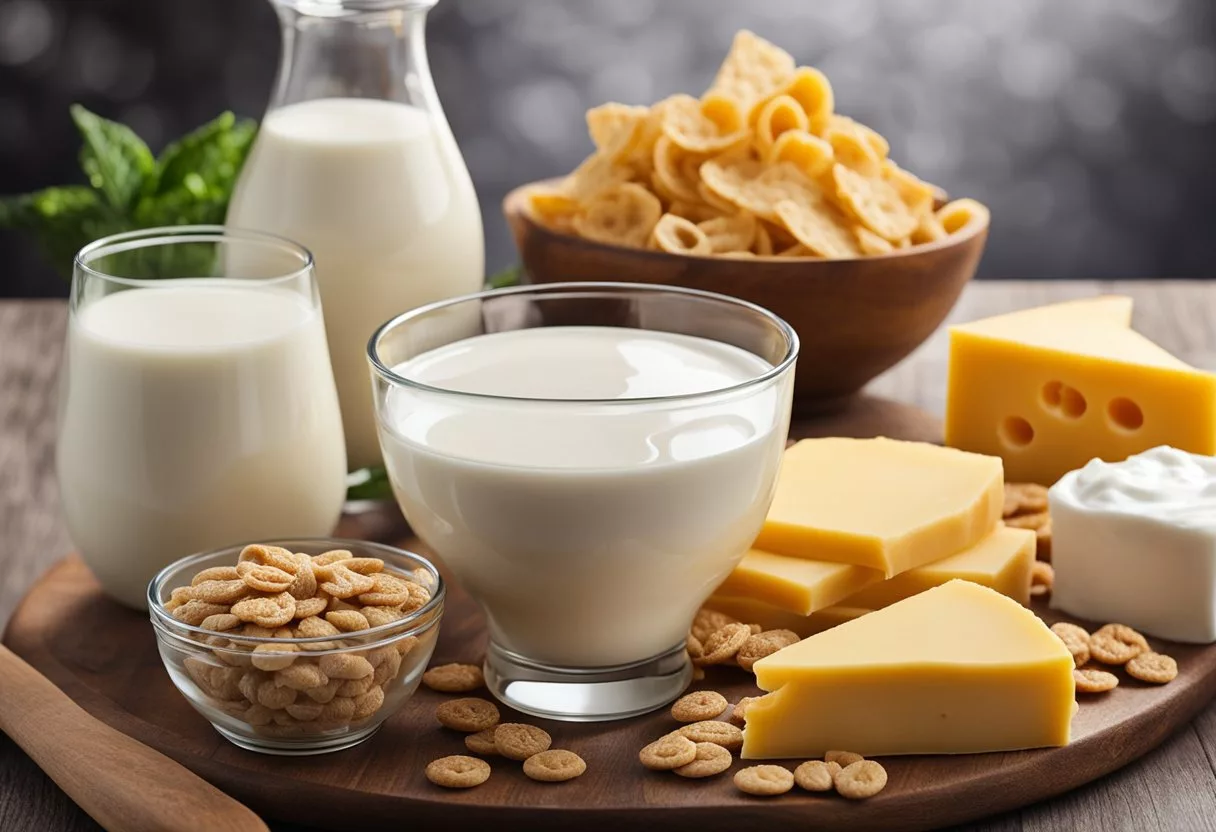 Various dairy products (milk, cheese, yogurt) arranged on a table with a glass of milk pouring into a bowl of cereal