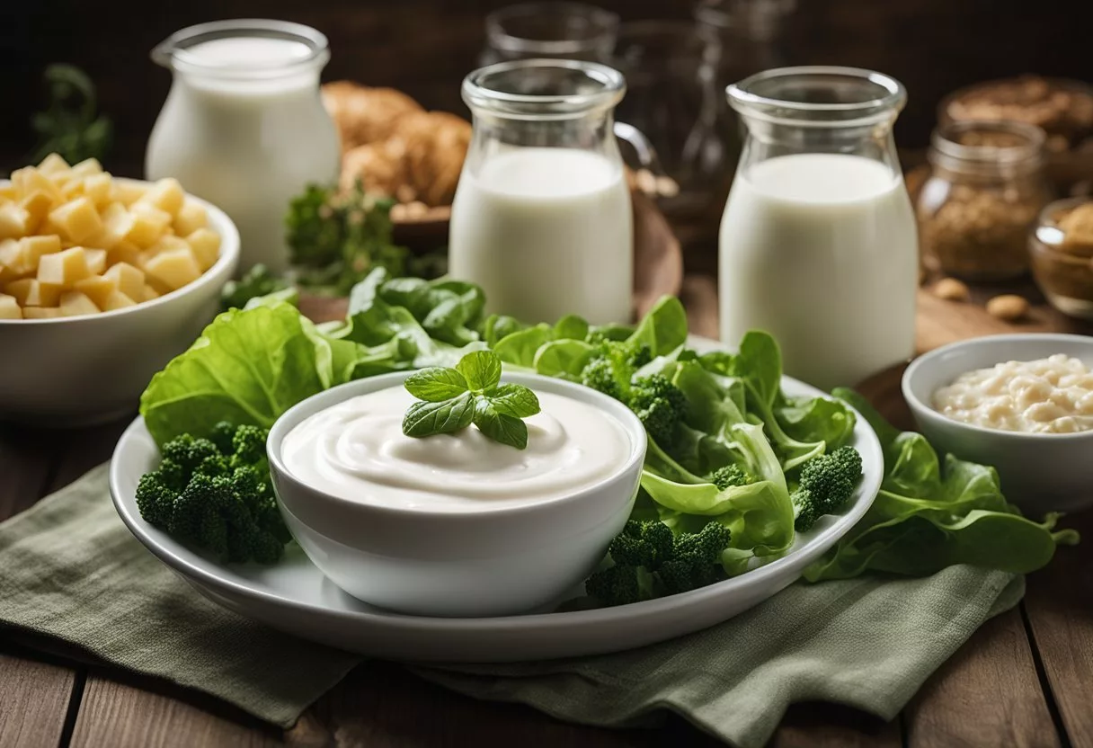 A variety of calcium-rich foods, such as dairy products, leafy greens, and fortified foods, are arranged on a table, with a glass of milk and a bowl of yogurt prominently displayed