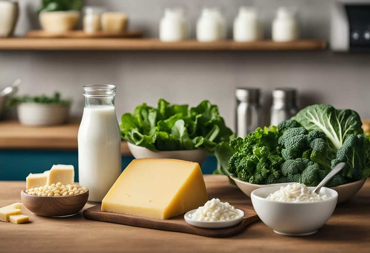 A variety of calcium-rich foods (milk, cheese, leafy greens) arranged on a table with a measuring cup and a calcium supplement bottle nearby