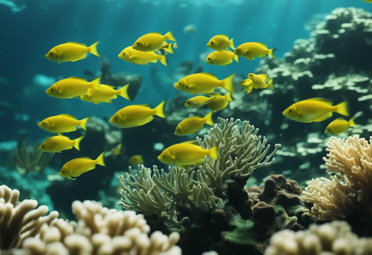 A school of fish swimming around a coral reef, with calcium-rich algae and seaweed in the background