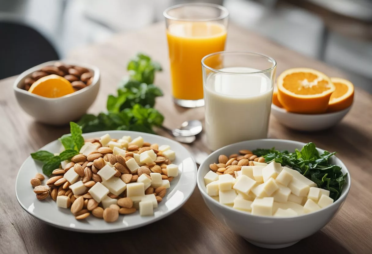 A table filled with various calcium-rich foods: milk, yogurt, cheese, tofu, almonds, and leafy greens. A bowl of fortified cereal and a glass of orange juice complete the scene
