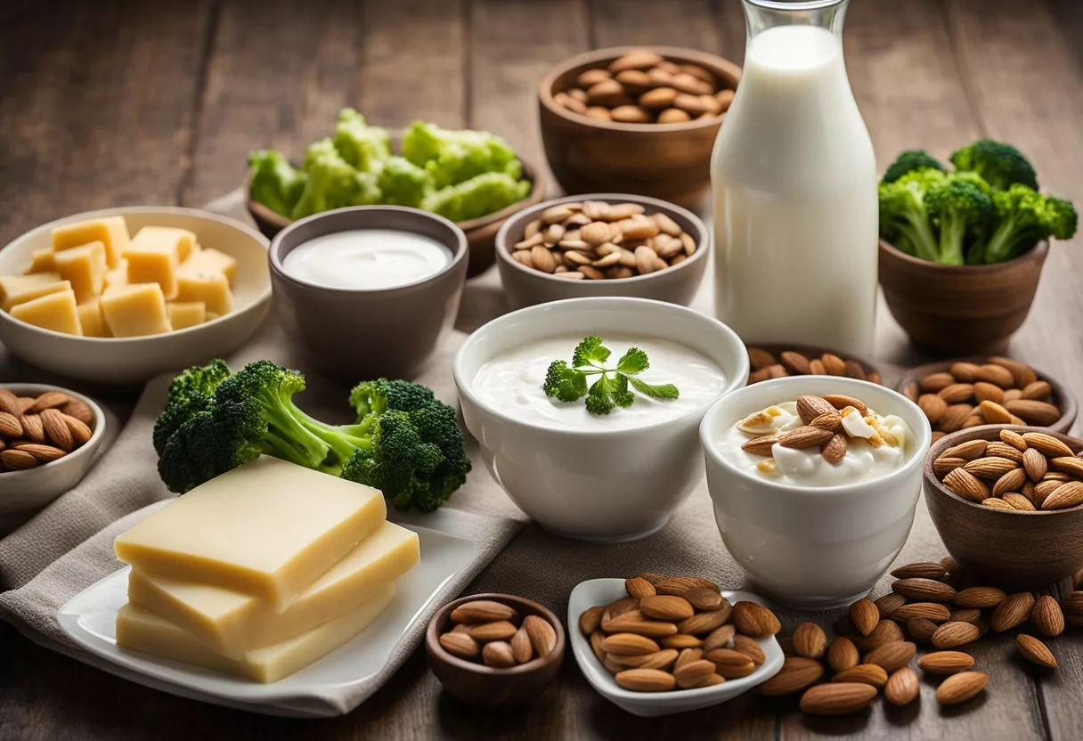 A table with a variety of calcium-rich foods: milk, cheese, yogurt, tofu, almonds, broccoli, and sardines. A glass of milk sits next to a bowl of yogurt, while a wedge of cheese and a handful of almonds are