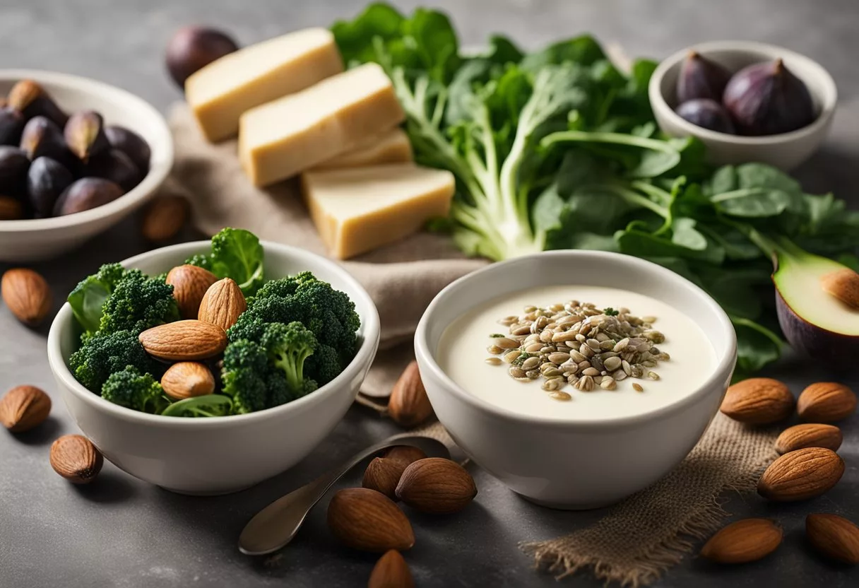 A table with a variety of plant-based calcium foods: tofu, almonds, spinach, kale, chia seeds, and broccoli. A glass of fortified plant milk and a bowl of figs complete the scene