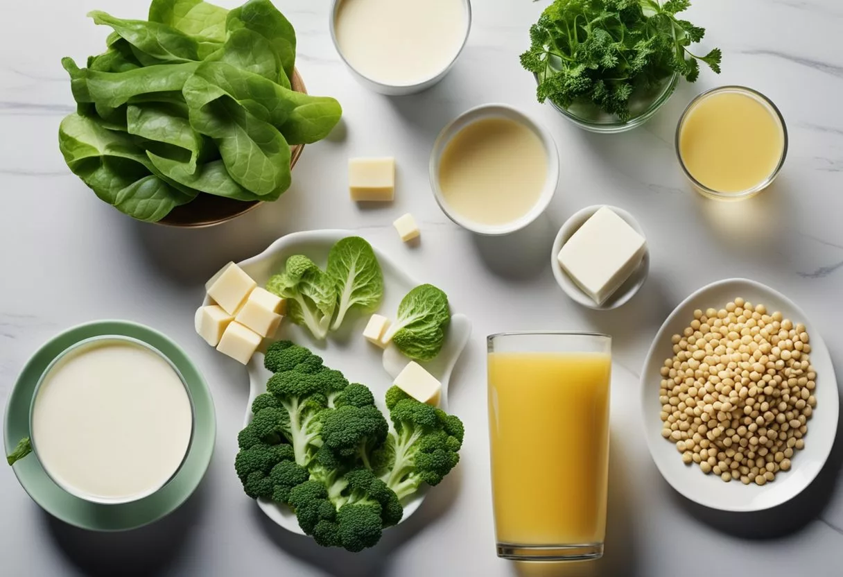 A table with various calcium-rich foods like dairy, leafy greens, and fortified products displayed with a glass of milk and a calcium supplement