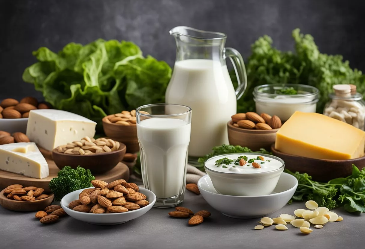 A table with a variety of calcium-rich foods: milk, cheese, yogurt, tofu, sardines, almonds, and leafy greens. A glass of milk and a bowl of yogurt are prominently displayed