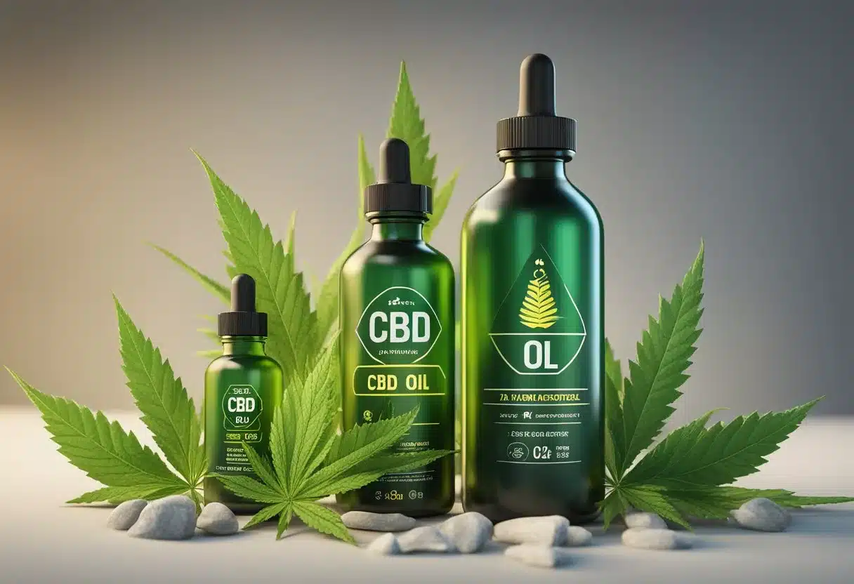 A bottle of CBD oil surrounded by warning labels and safety symbols